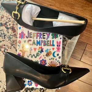 JEFFREY CAMPBELL HAPPY HOUR POINTED TOE GOLD BUCKLE PUMP BLACK LEATHER SIZE 11